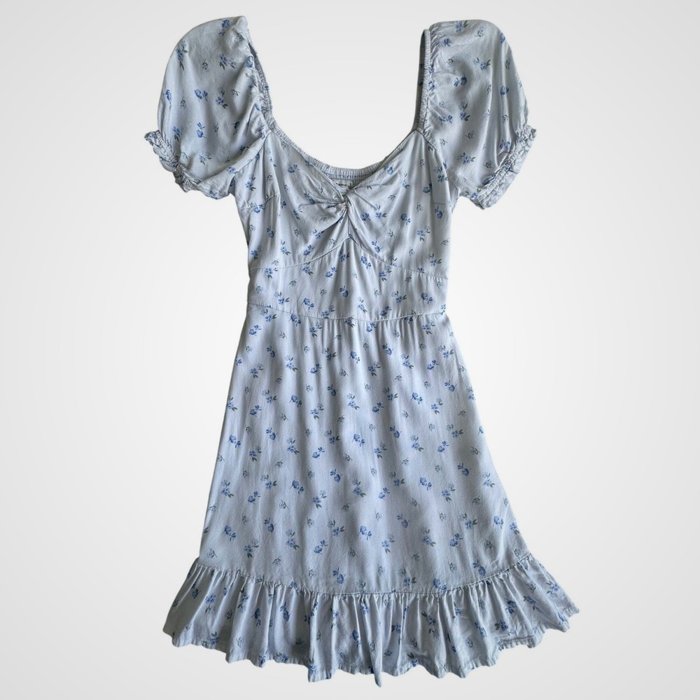 Hollister‎ Blue Floral Smocked Back Puff Sleeve Ruffle Mini Dress Small